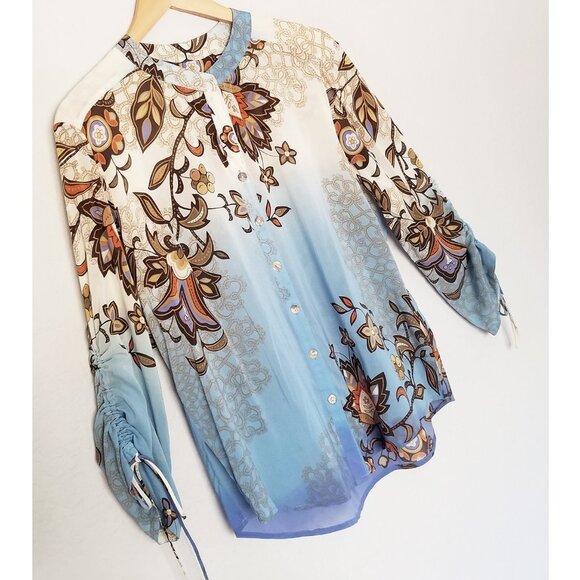 Citron Santa Monica Fall Leaf Silk Blend Blouse Top M Ruched Sleeves Lagenlook - Picture 16 of 16